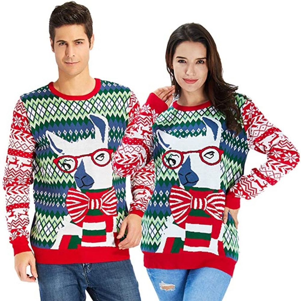 Raisevern unisex men's or women's ugly fun Christmas Llama in glasses sweater XL